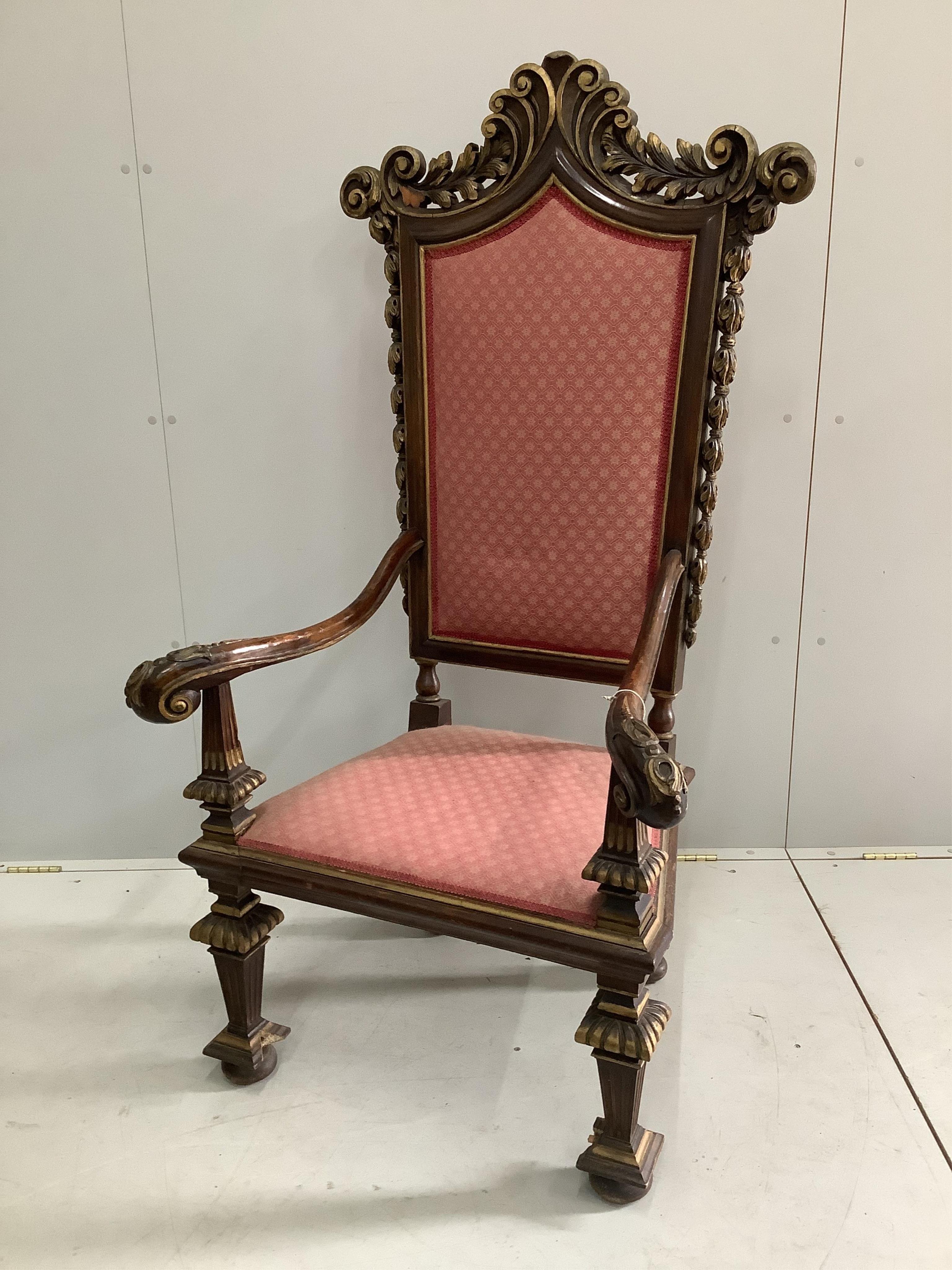 An 18th century style parcel-gilt walnut high back elbow chair. Condition - fair